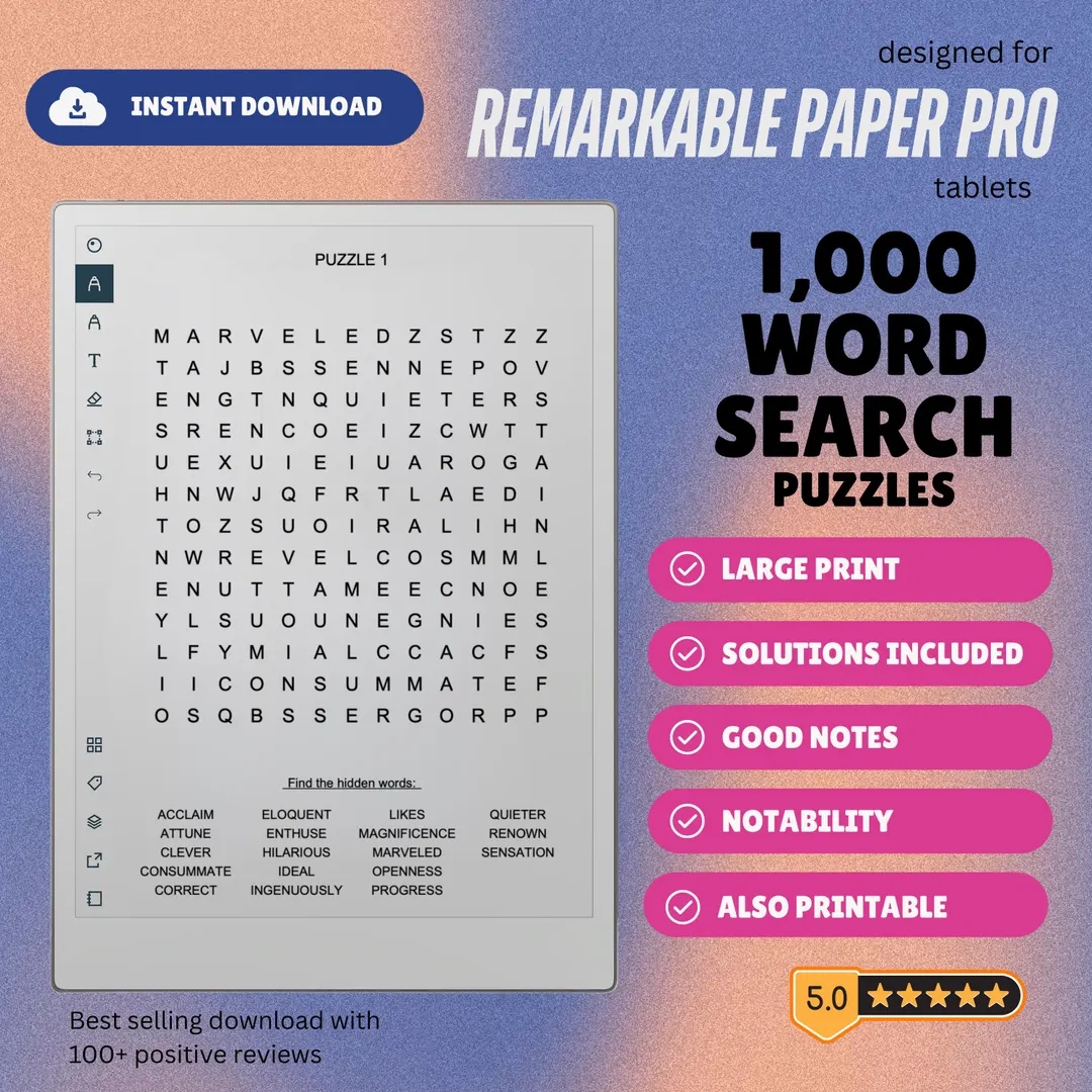 1 000 Word Search Puzzles For The Remarkable Paper Pro Tablet Etsy