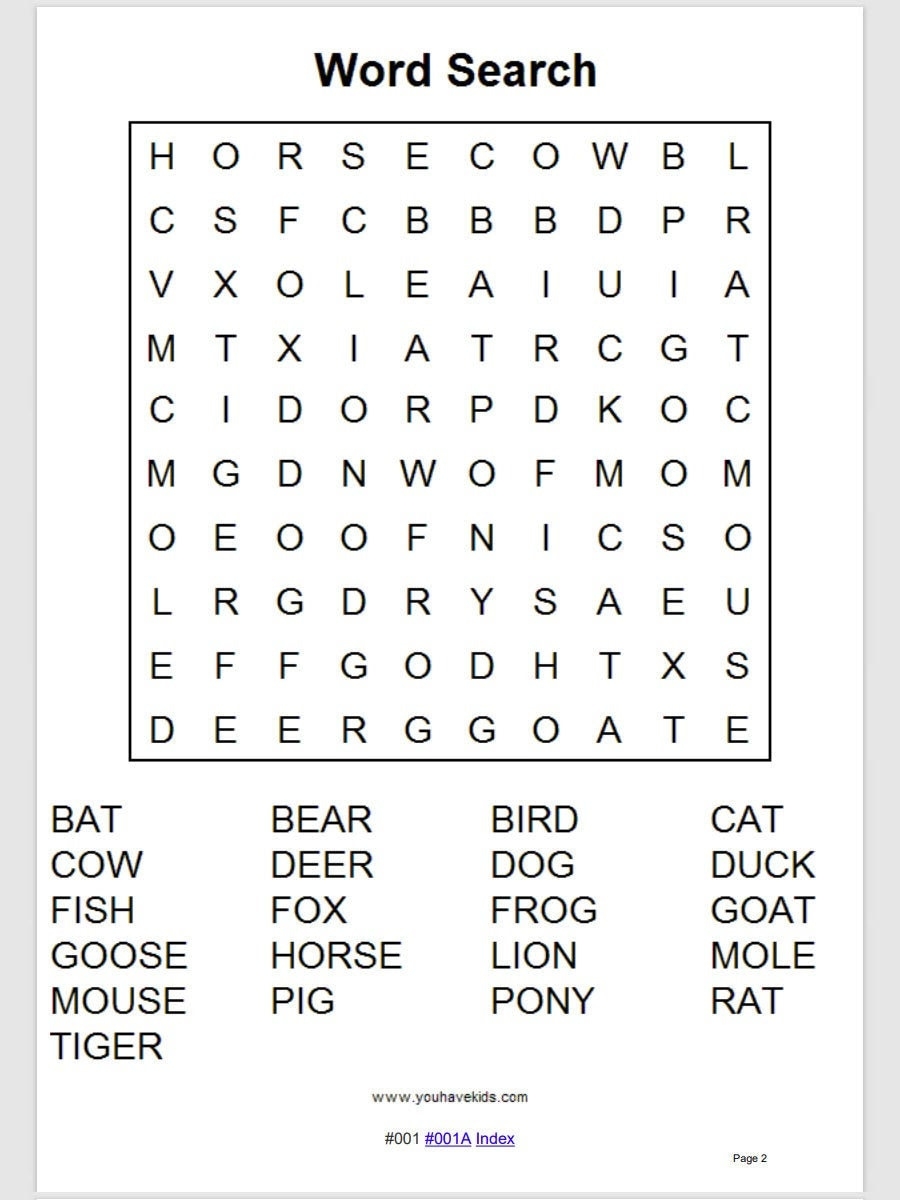 100 Printable Grade 1 Animals Word Searches With Answers Etsy Worksheets Library