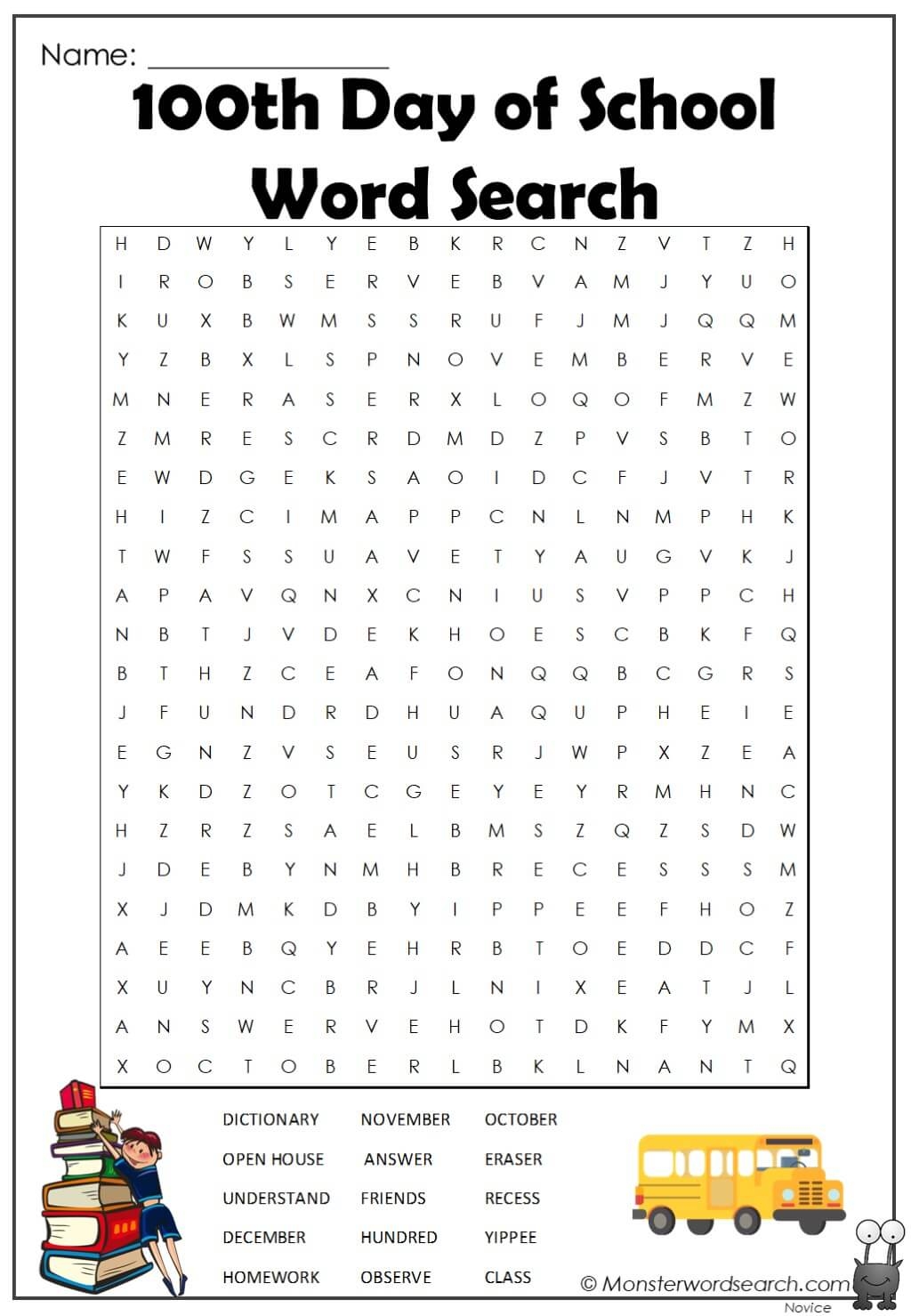 100th Day Of School Word Search Monster Word Search Worksheets Library