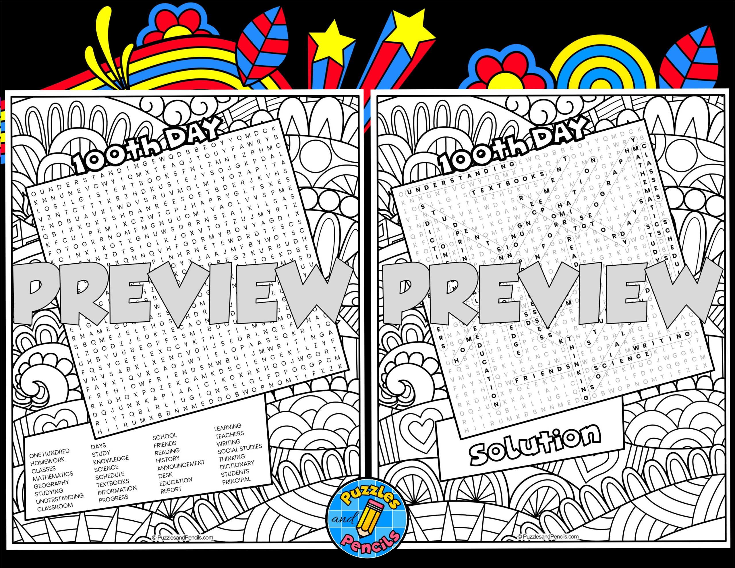 100th Day Of School Word Search Puzzle Activity Page With Colouring Wordsearch Teaching Resources