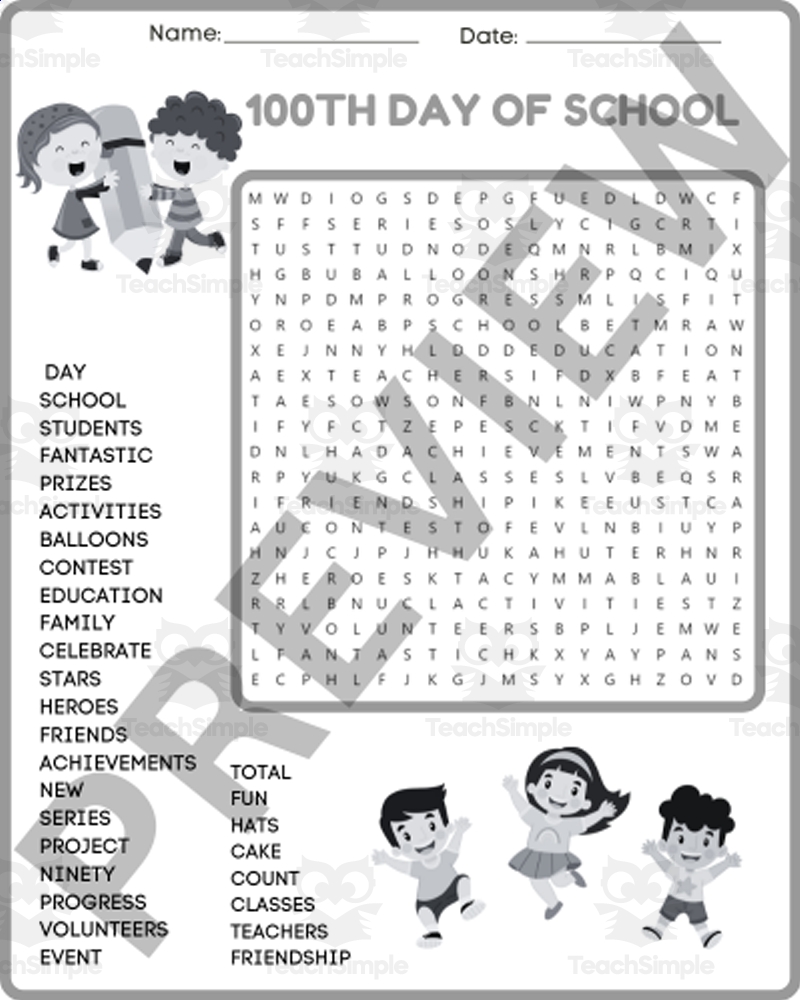 100TH DAY OF SCHOOL Word Search Worksheet Activity 3rd 4th 5th 6th By Teach Simple