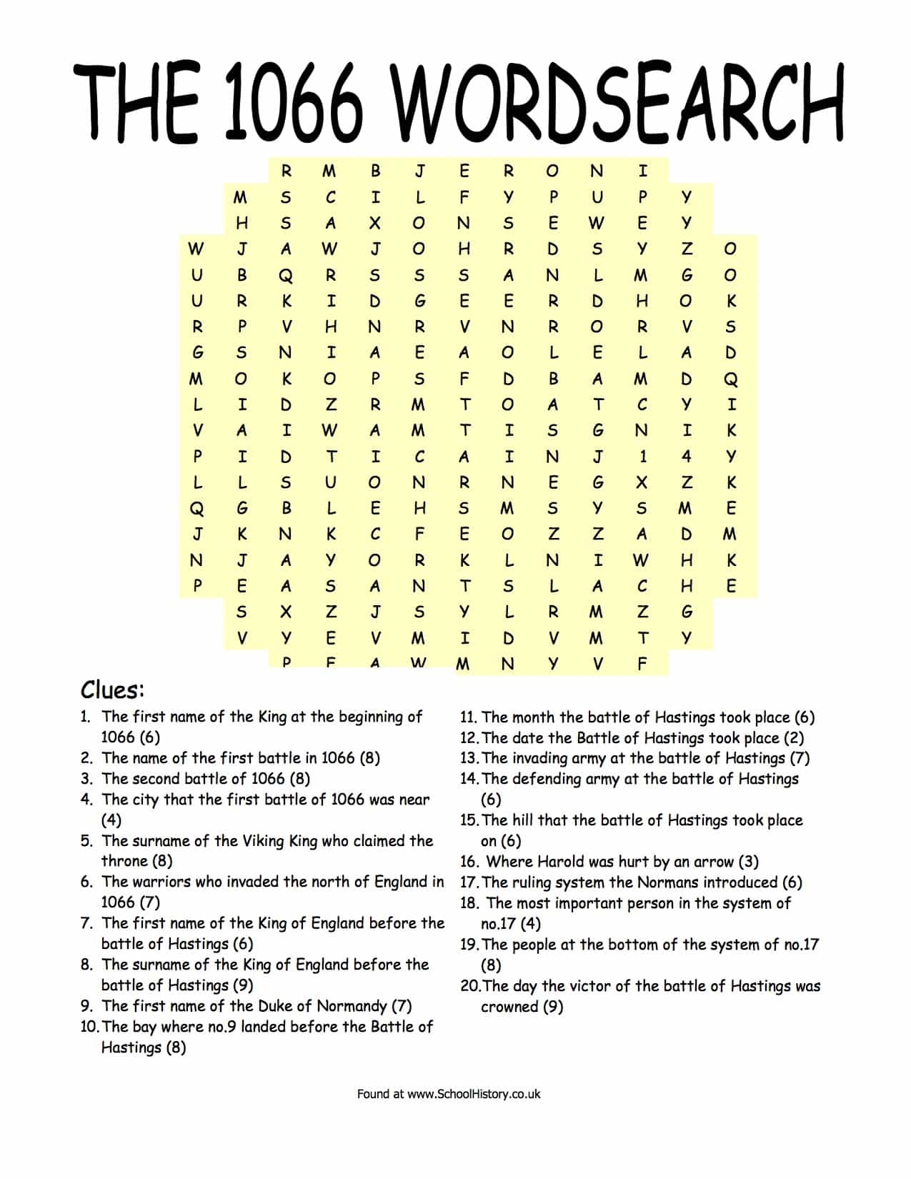 1066 Wordsearch Year 7 Free Downloadable PDF
