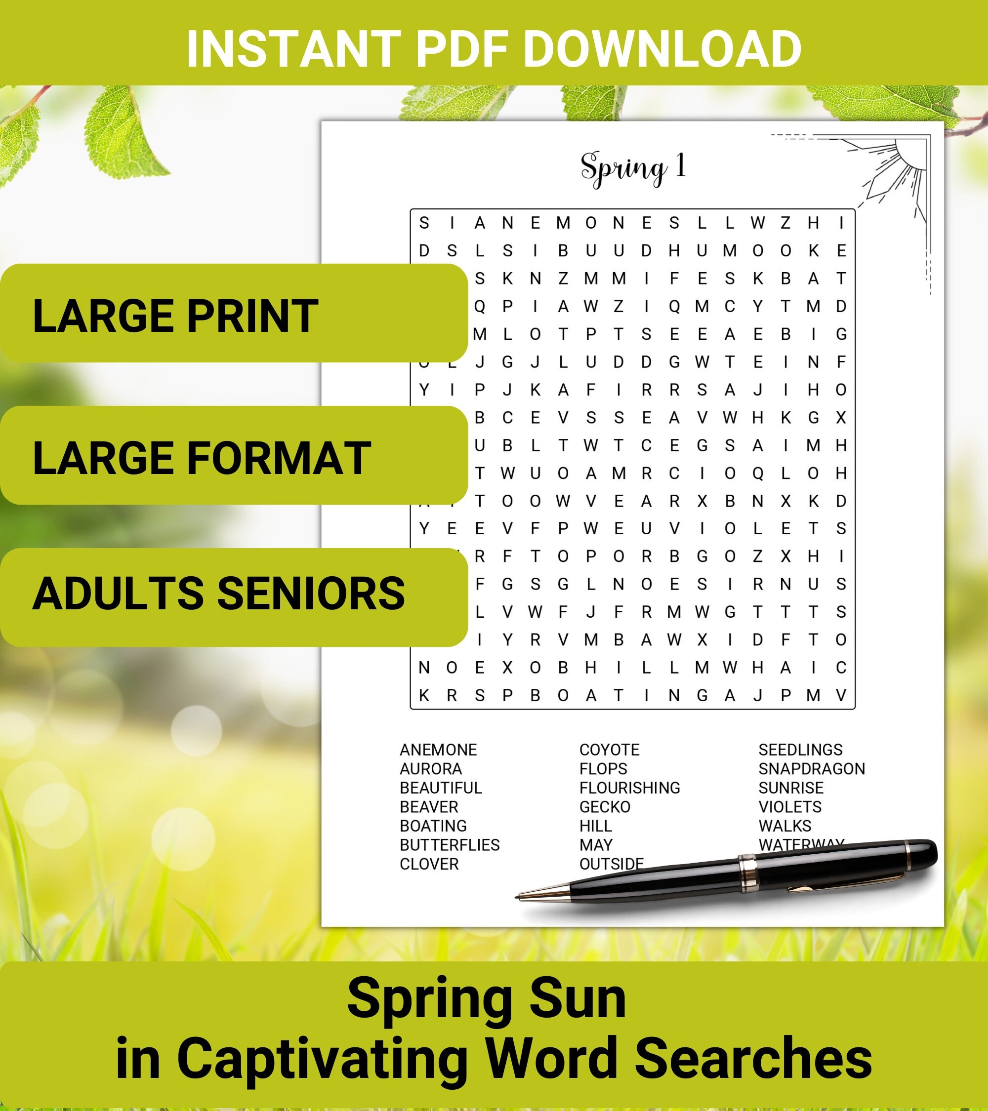 30 Print Word Search Puzzles On The Spring Large Print Adults Seniors Instant Download Printable PDF Etsy