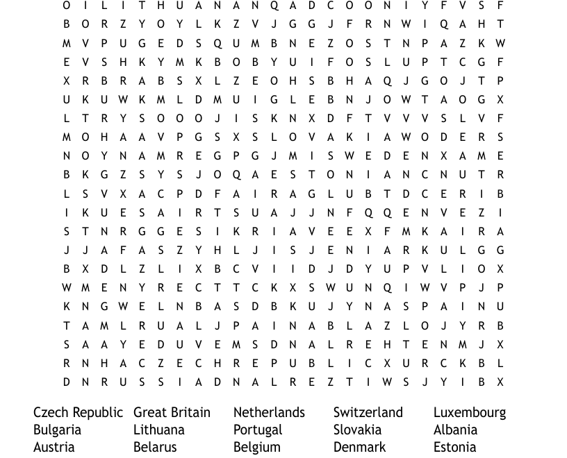 50 European Countries Word Search WordMint