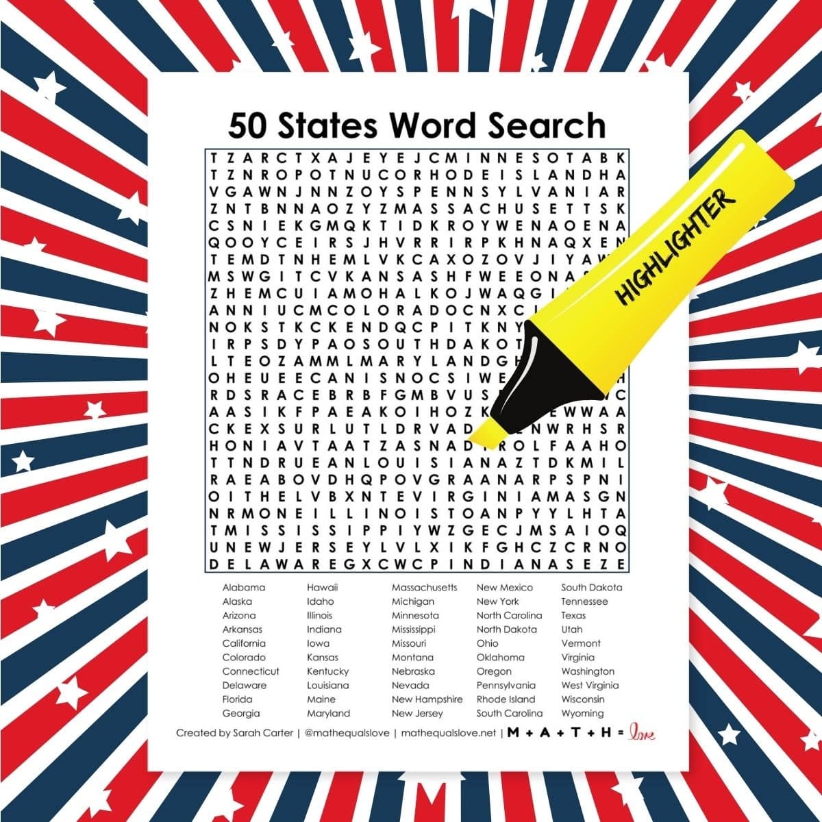 50 States Word Search Puzzle Math Love