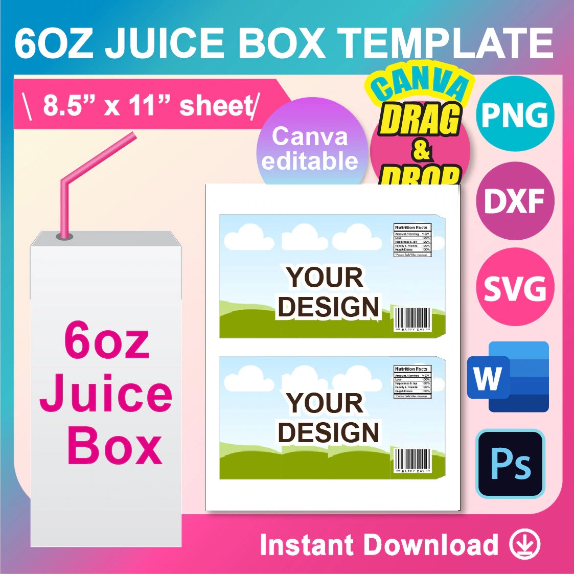 6oz Juice Box Wrapper Template SVG DXF Canva Ms Word Docx Png Psd 8 5 x11 Sheet Printable Etsy