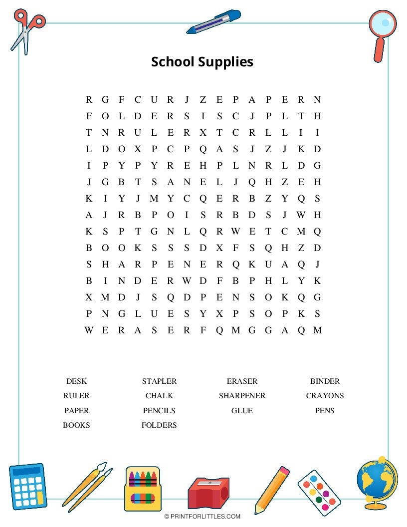 School Supplies Word Search Printable School Supplies Word Search Printable