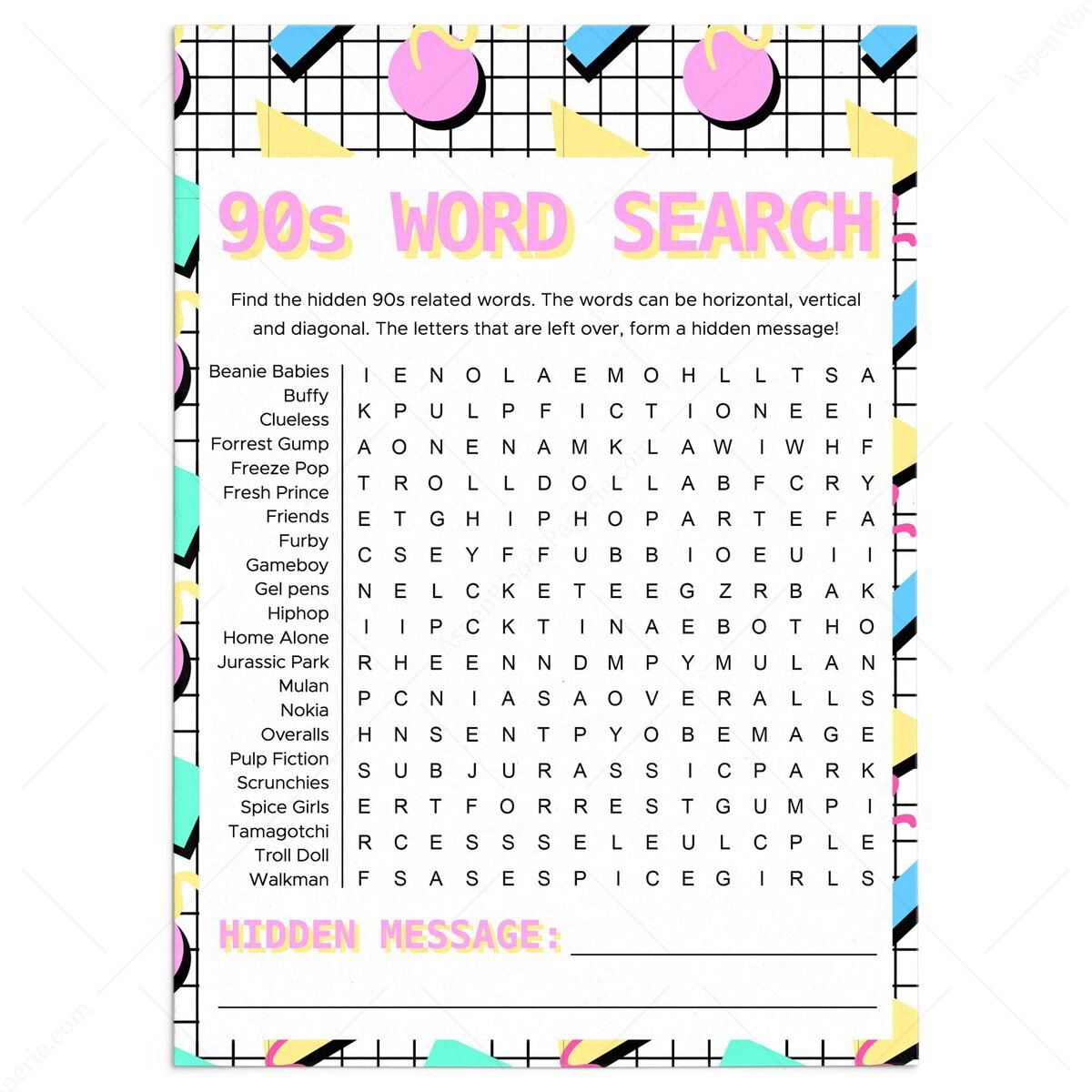 90s Word Search Game 90s Edition 90s Party Games