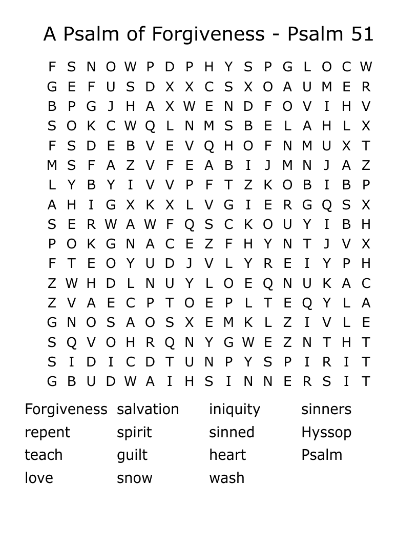 A Psalm Of Forgiveness Psalm 51 Word Search WordMint