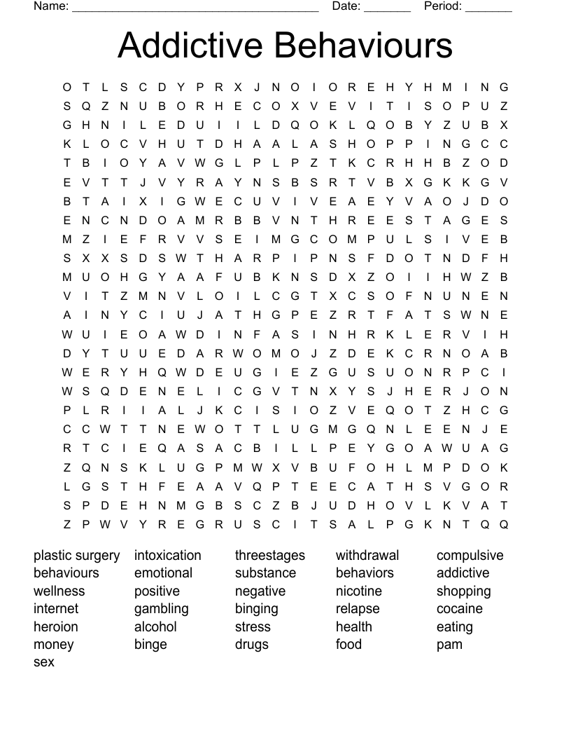 Addictive Behaviours Word Search WordMint Addictive Behaviours Word Search WordMint