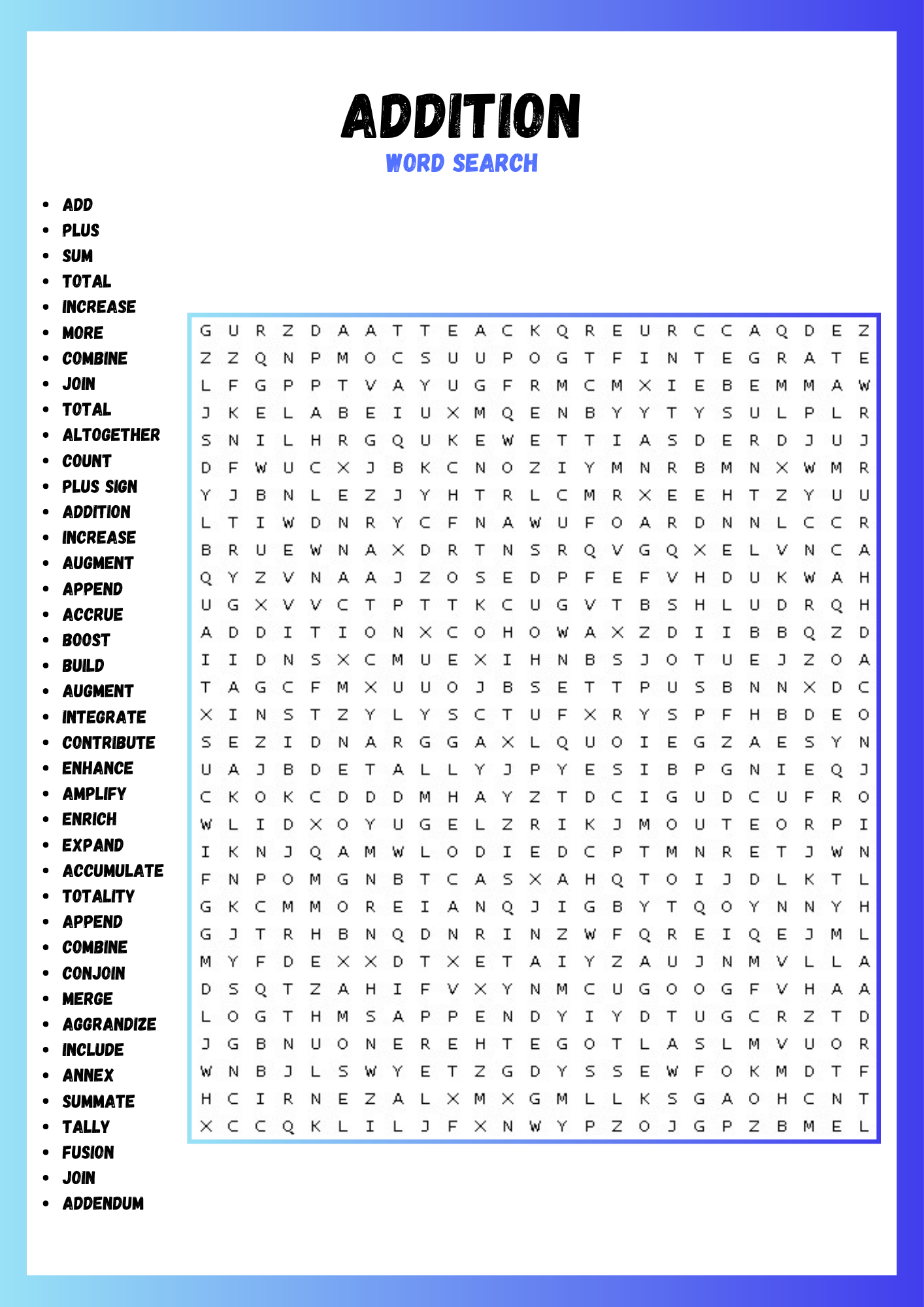 ADDITION WORD SEARCH PUZZLE WORKSHEET ACTIVITIES BRAIN PUZZLES Made By Teachers ADDITION WORD SEARCH PUZZLE WORKSHEET ACTIVITIES BRAIN PUZZLES Made By Teachers