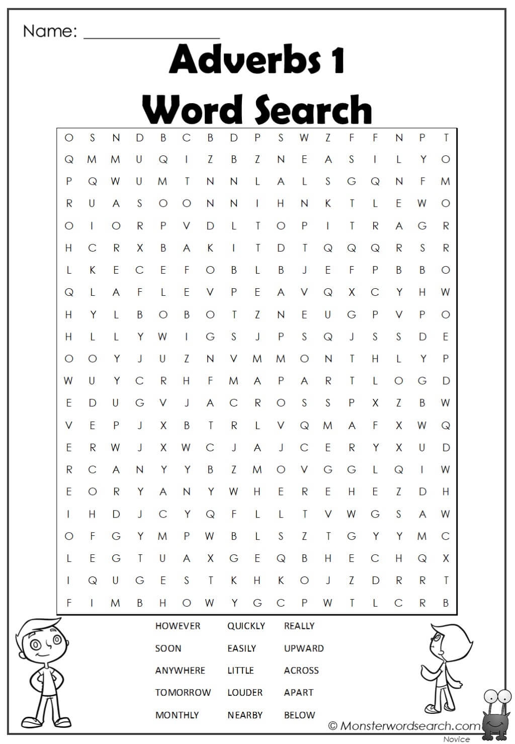 Adverbs 1 Word Search Monster Word Search