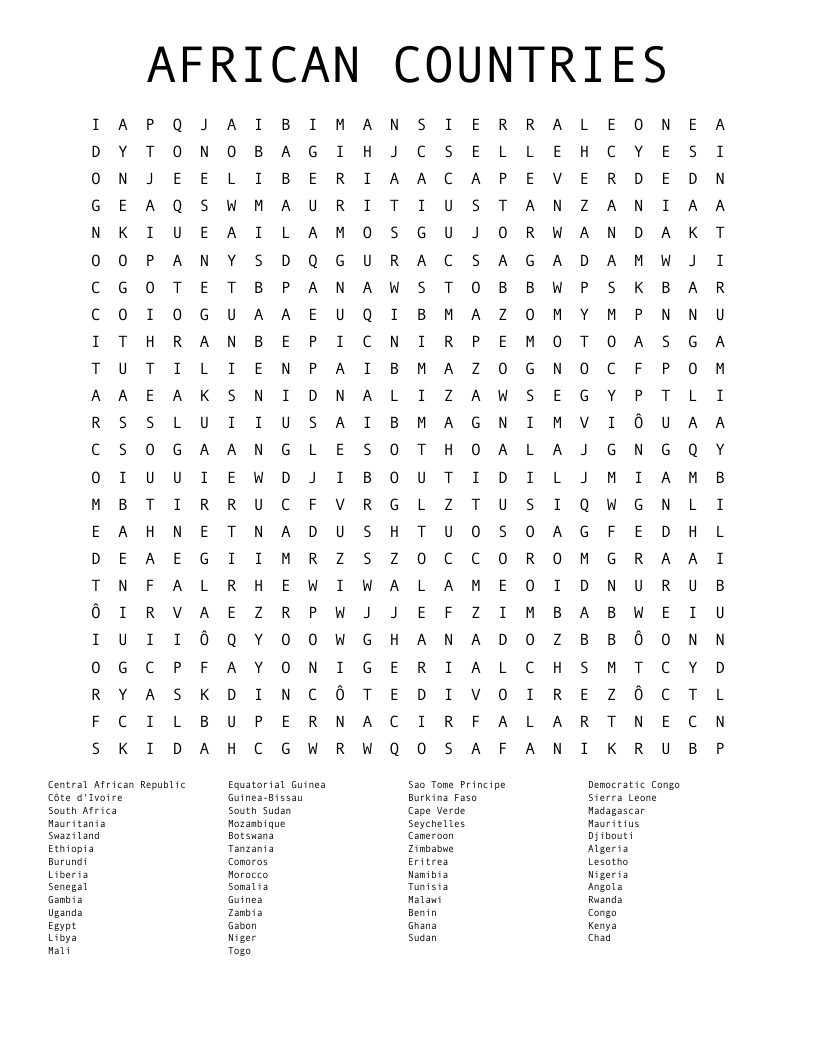 AFRICAN COUNTRIES Word Search WordMint