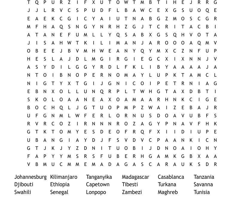African Geography Word Search WordMint