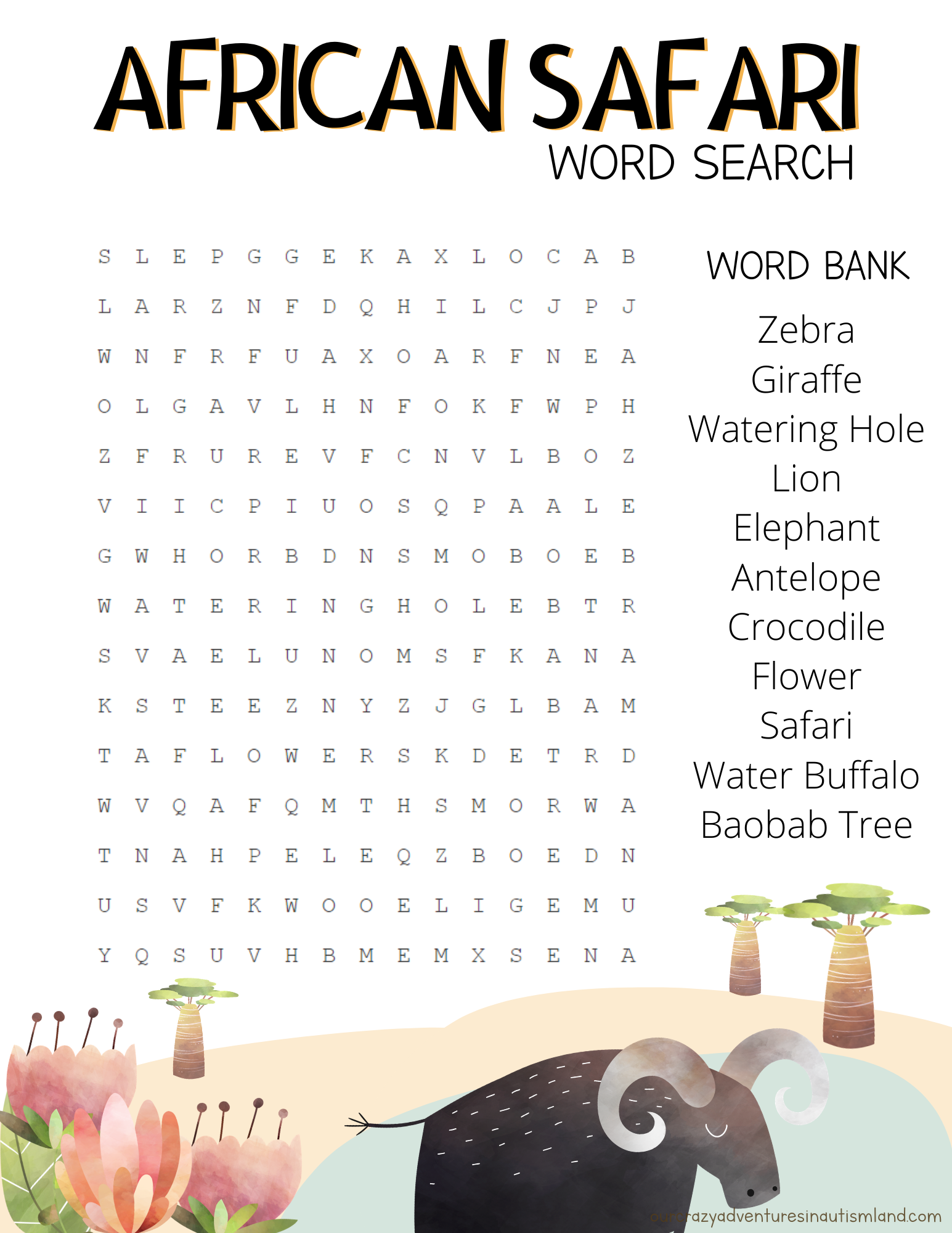 african safari kids activity pack