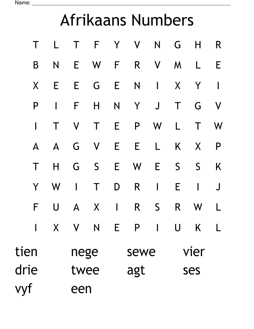 Afrikaans Numbers Word Search WordMint