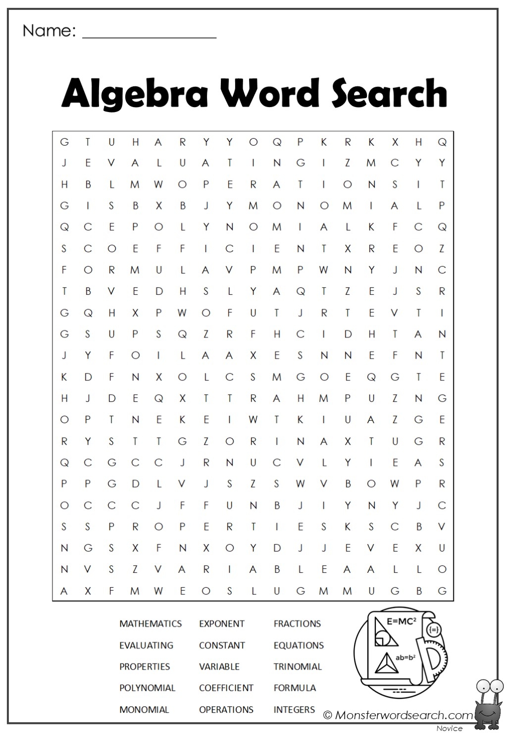 Algebra Word Search Monster Word Search Worksheets Library