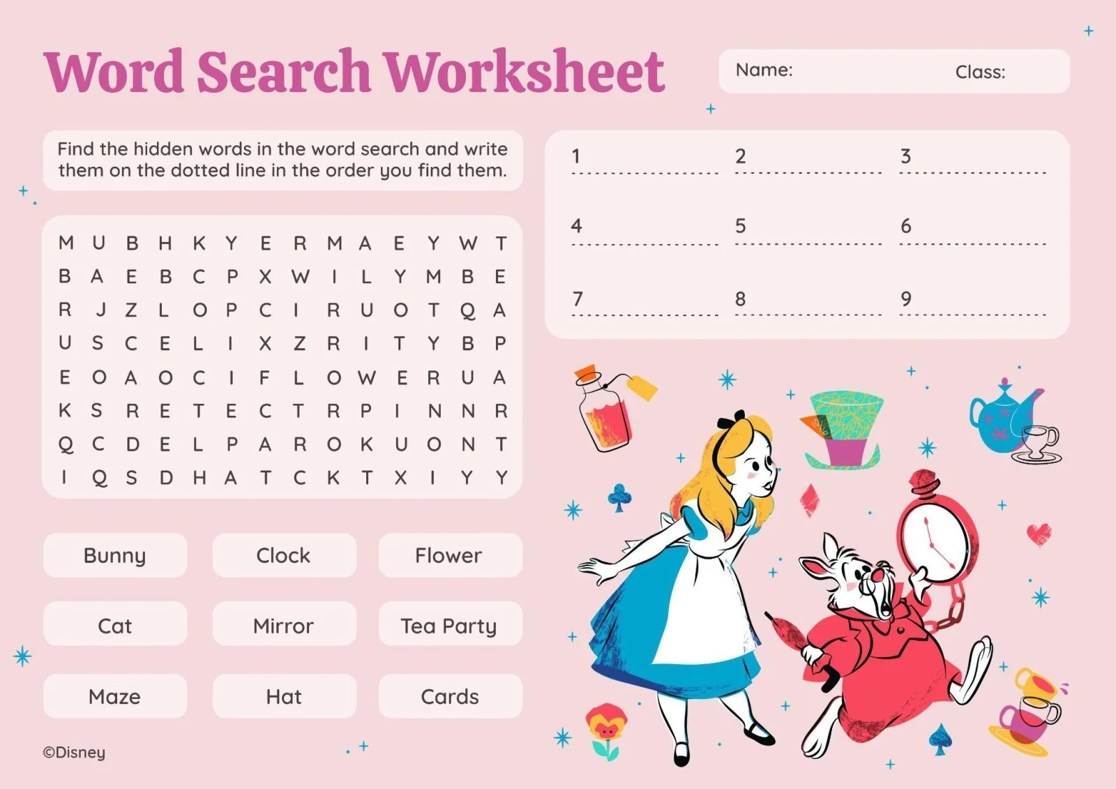 alice in wonderland word search worksheet template