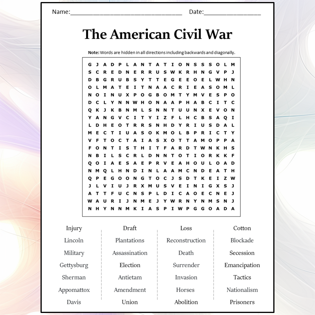 Civil War Word Search Printable