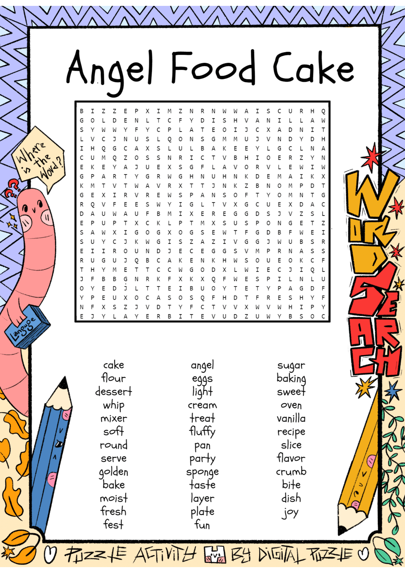 angel food cake day word search puzzle worksheet activity made by teachers