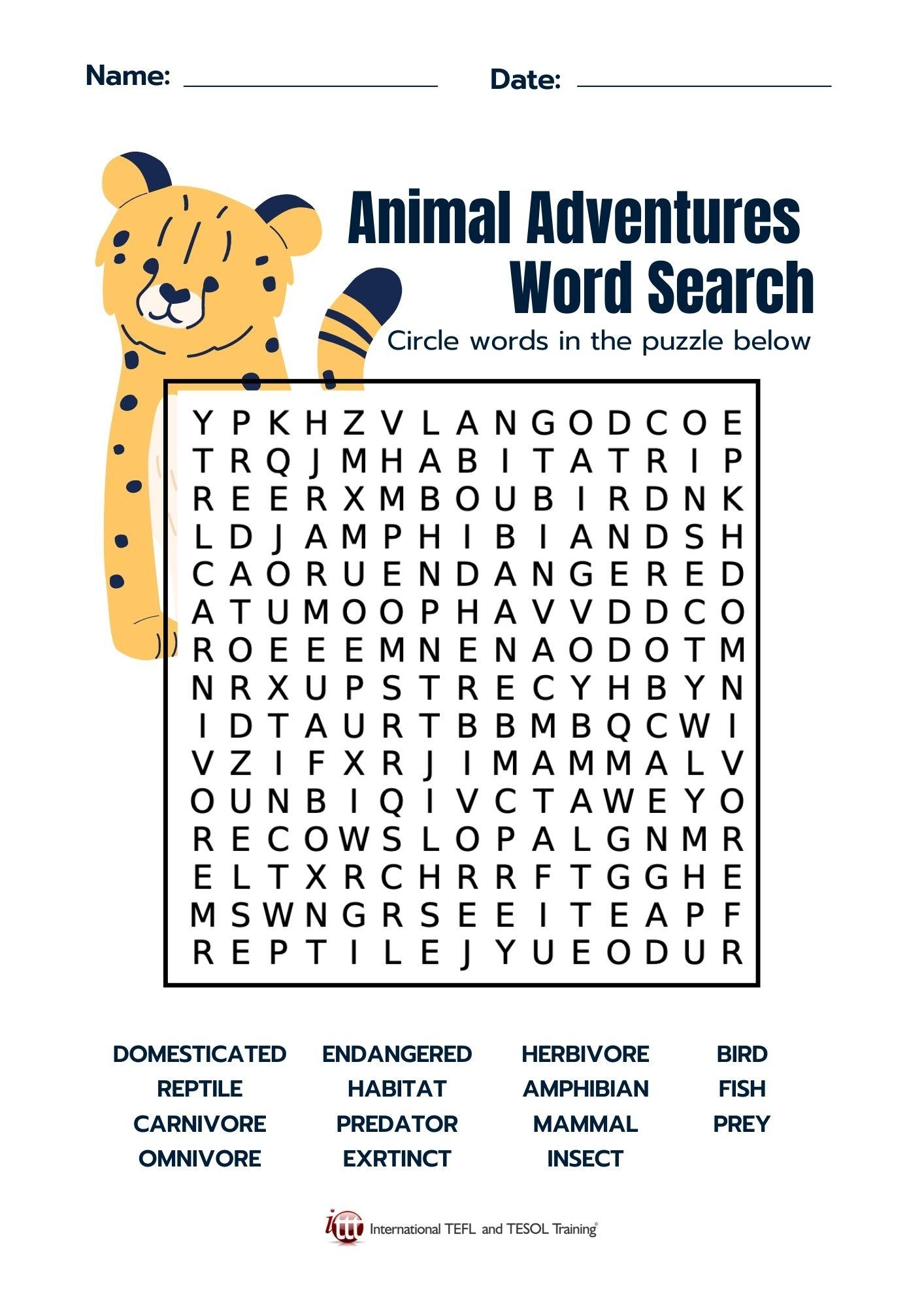 Animal Adventure Word Search ITTT