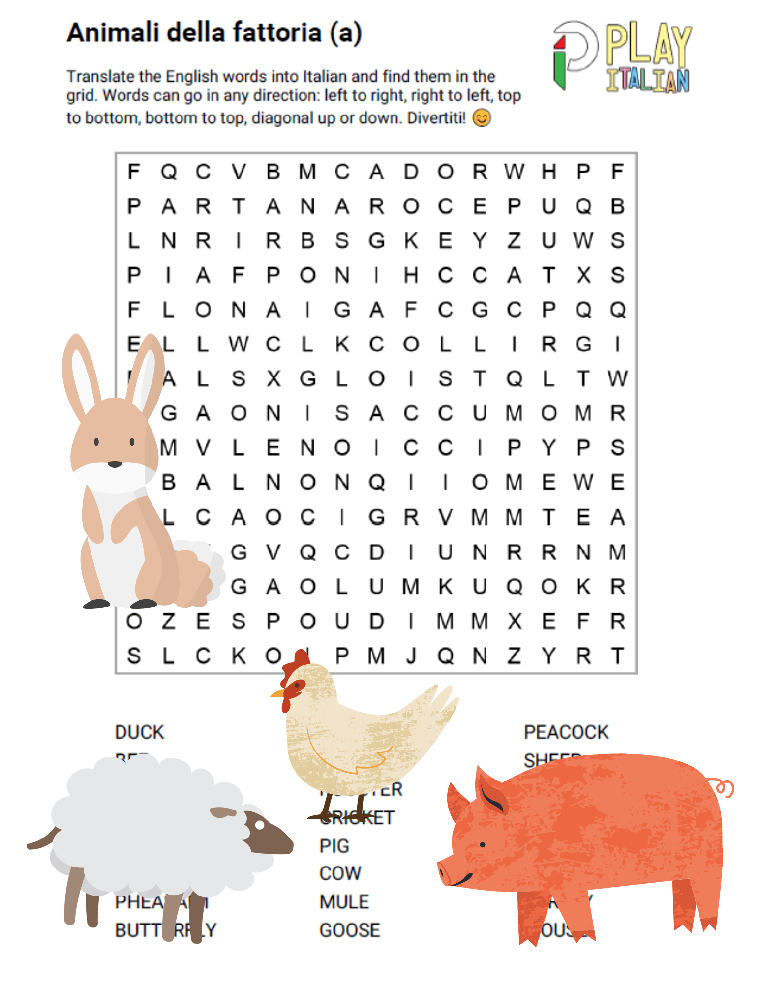Animali Della Fattoria Italian Printable Word Search Animali Della Fattoria Italian Printable Word Search