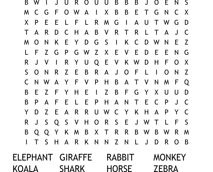 Animals Hard Word Search WordMint
