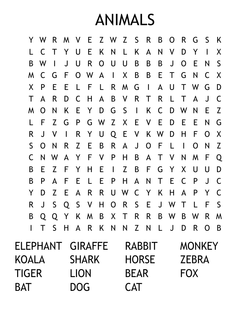 Animals Hard Word Search WordMint