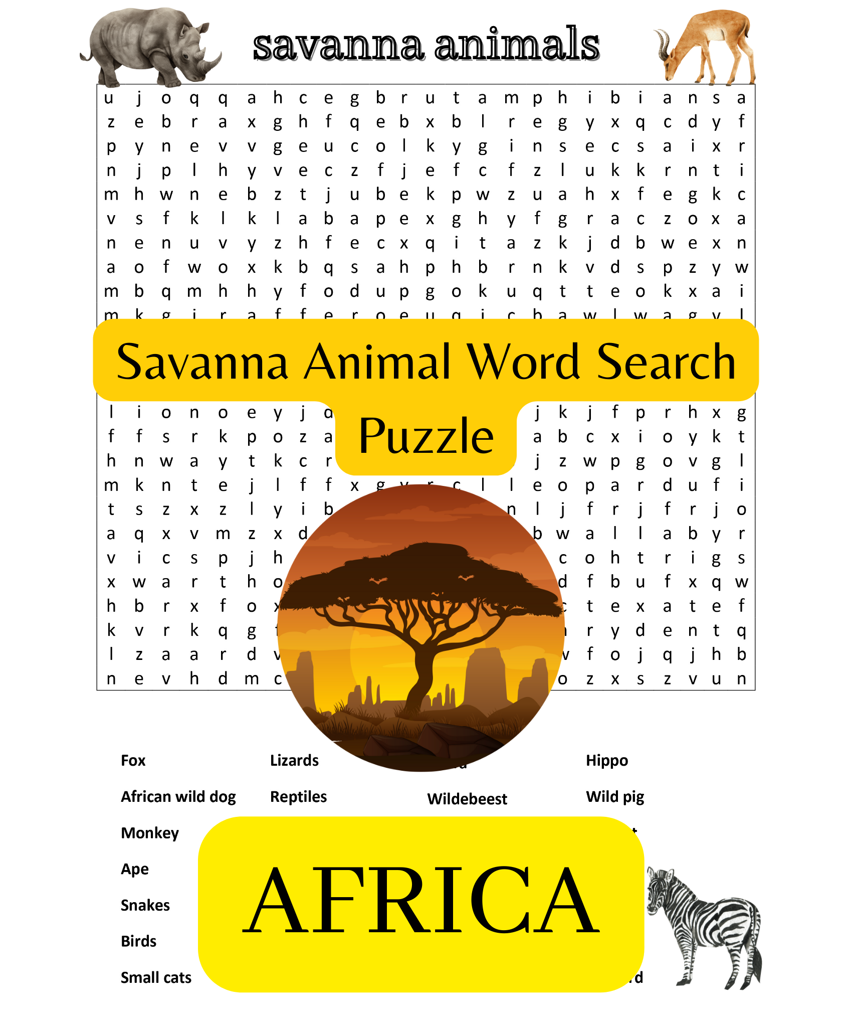 Animals Of The African Savanna Word Search Puzzle Worksheet Activity Made By Teachers