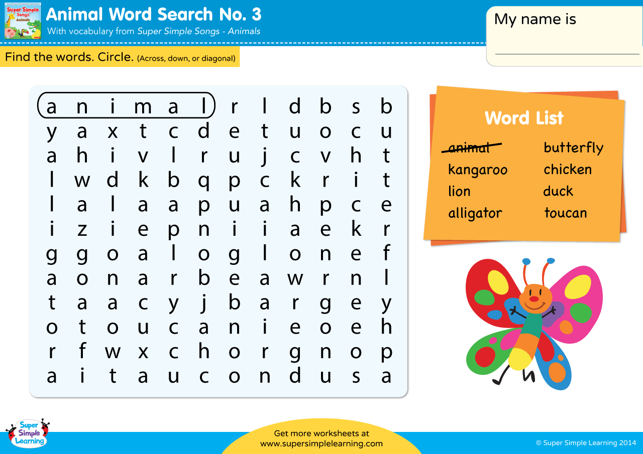 Animals Word Search 3 Super Simple