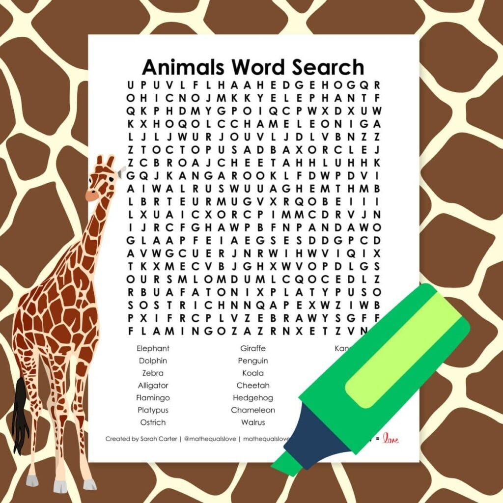 Animals Word Search Puzzle Math Love