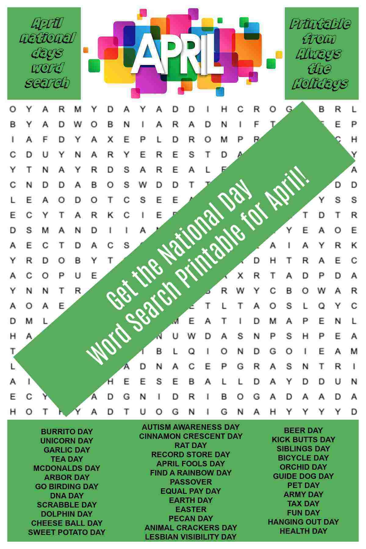 April Word Search Printable National Days Word Find Puzzle