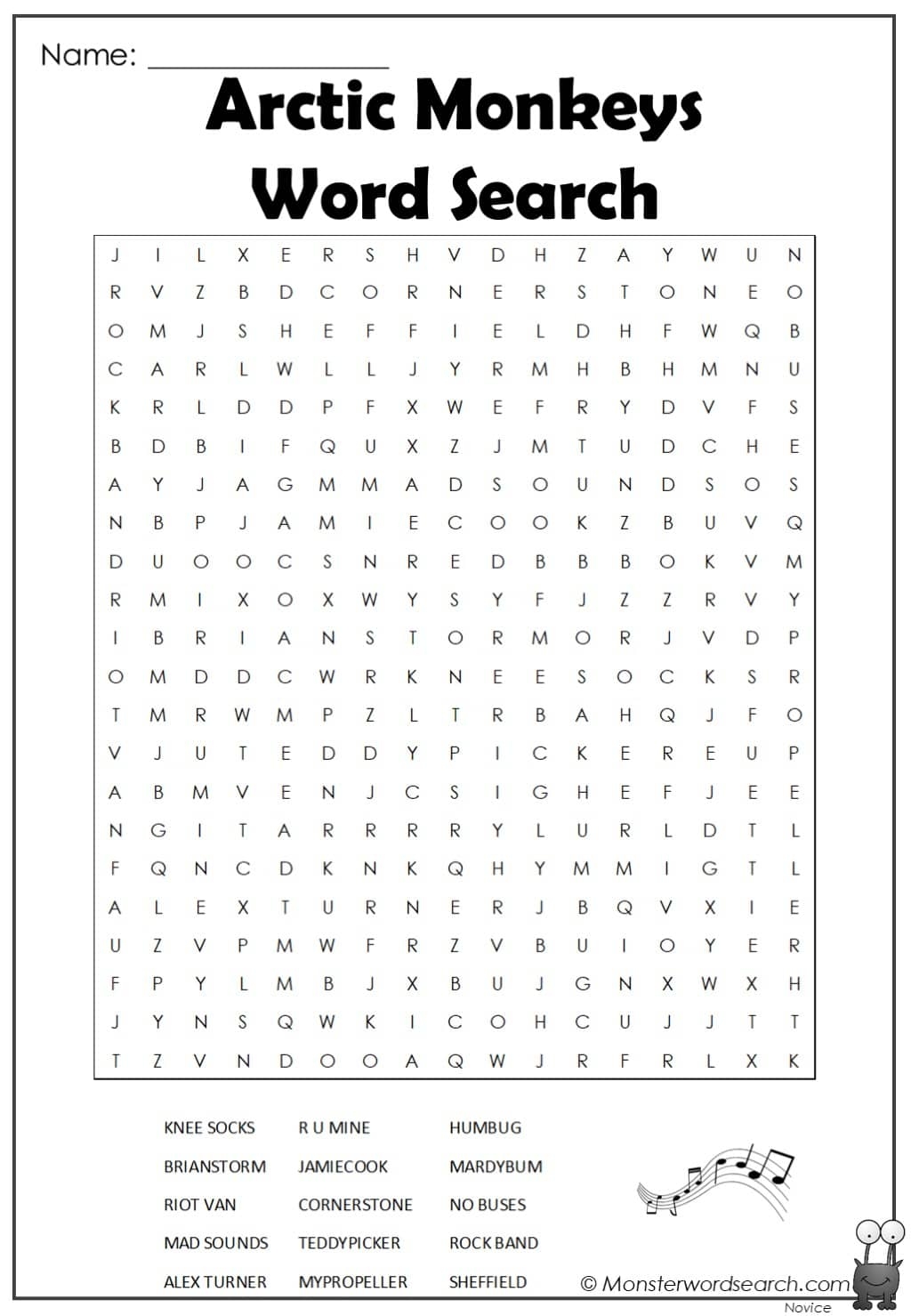 Arctic Monkeys Word Search Monster Word Search