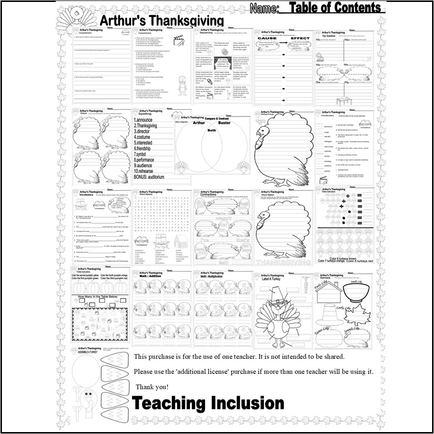 Arthur s Thanksgiving Read Aloud Book Study Companion Reading Comprehension Fun Worksheets Classful