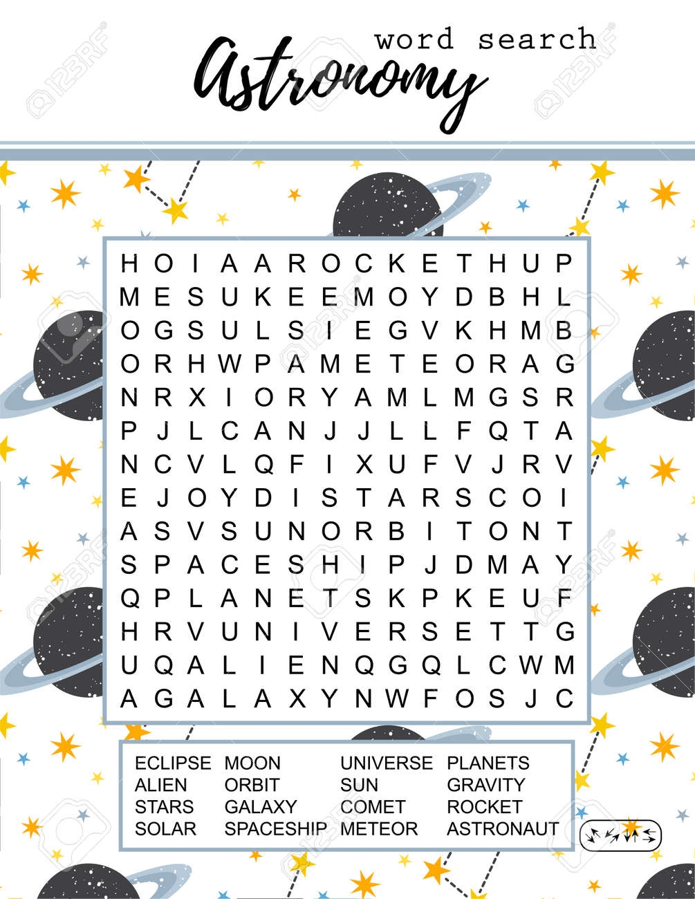 Astronomy Word Search Puzzle Educational Game For Learning English Words Space Theme Printable Vector Illustration Royalty Free SVG Cliparts Vectors And Stock Illustration Image 173674270 