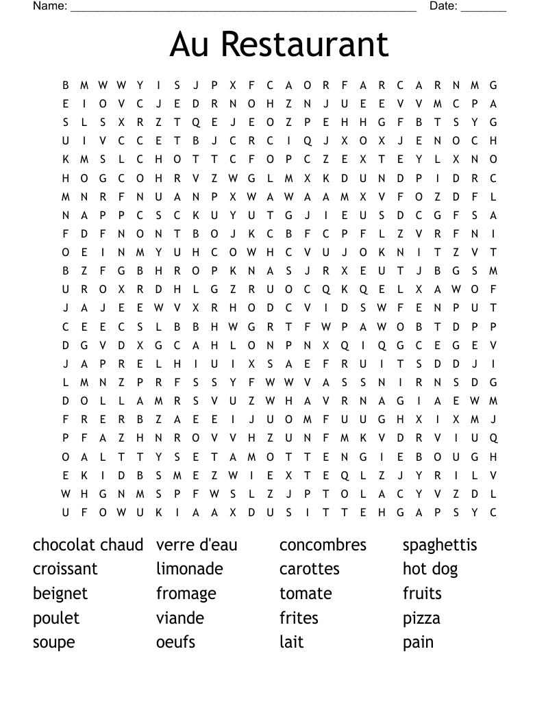 Au Restaurant Word Search WordMint