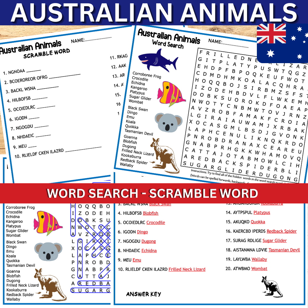 Australian Animals Word Search And Scramble Word Made By Teachers