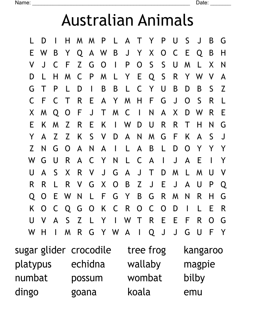 Australian Animals Word Search WordMint