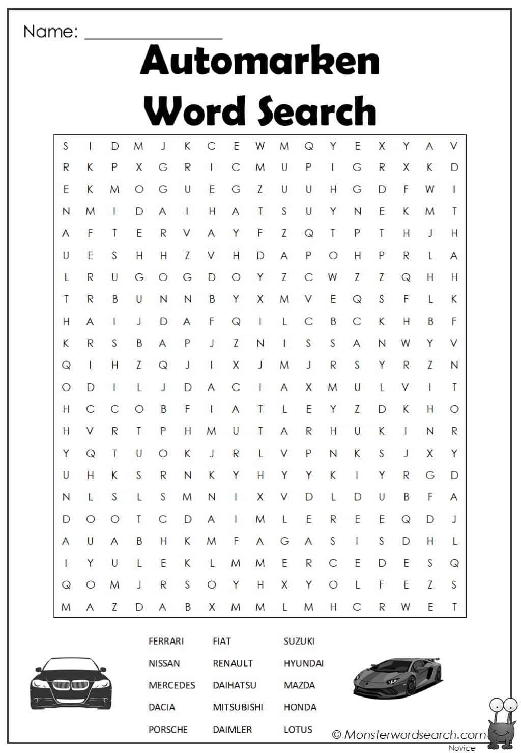Automarken Word Search Monster Word Search