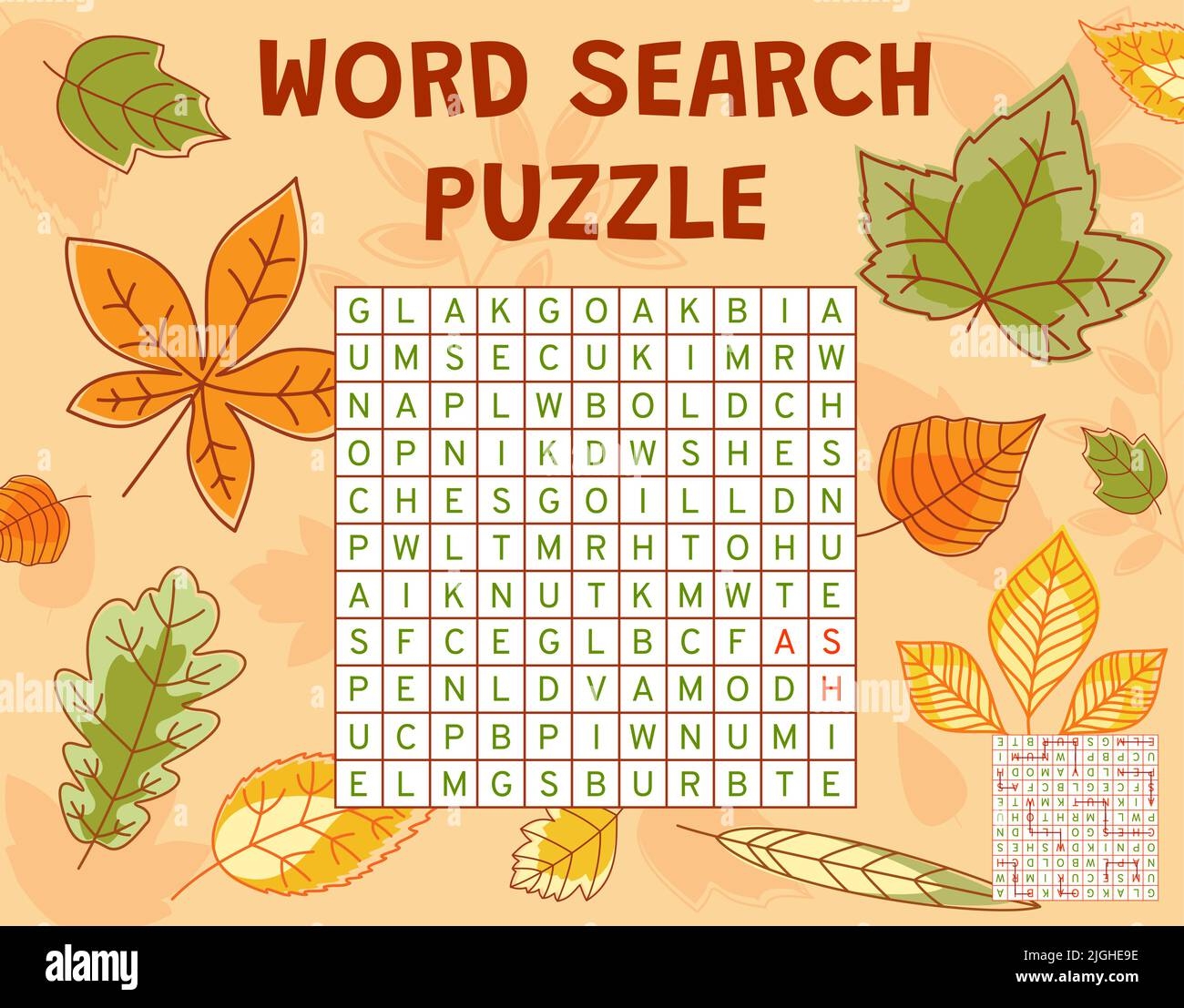 Autumn Tree Leaves Word Search Puzzle Game Worksheet Quiz Grid Vector Kids Crossword Brainteaser For Children