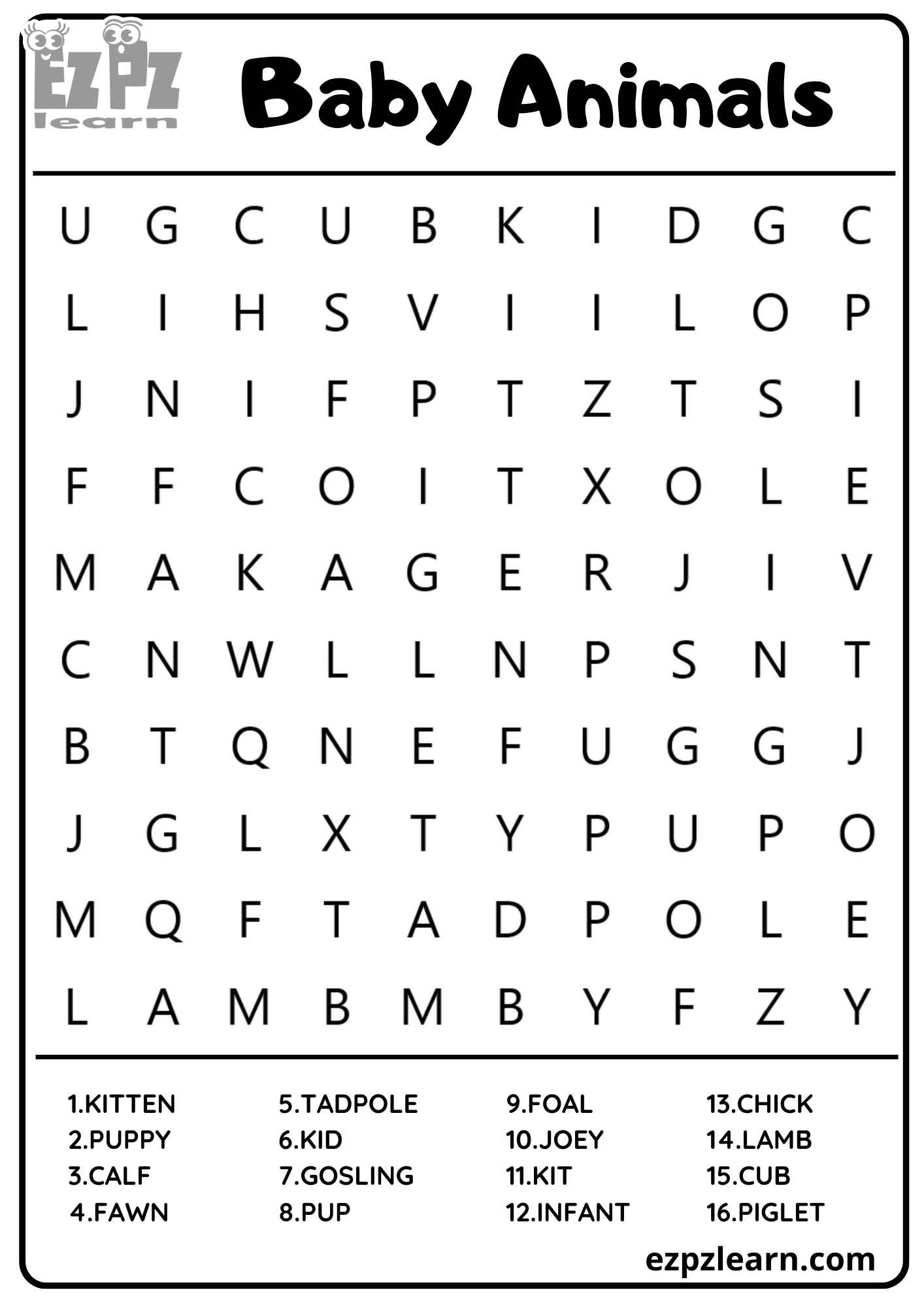 Baby Animals Vocabulary Word Search PDF Ezpzlearn