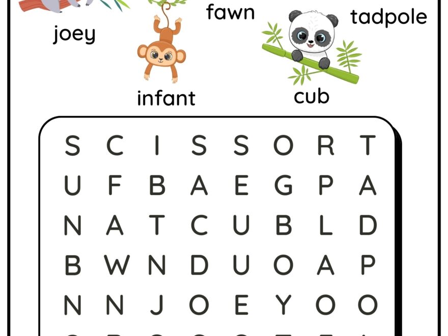 Baby Animals Vocabulary Word Search Worksheet For English Language Learners Preschool And Kindergarten Students Free Download 3 Ezpzlearn