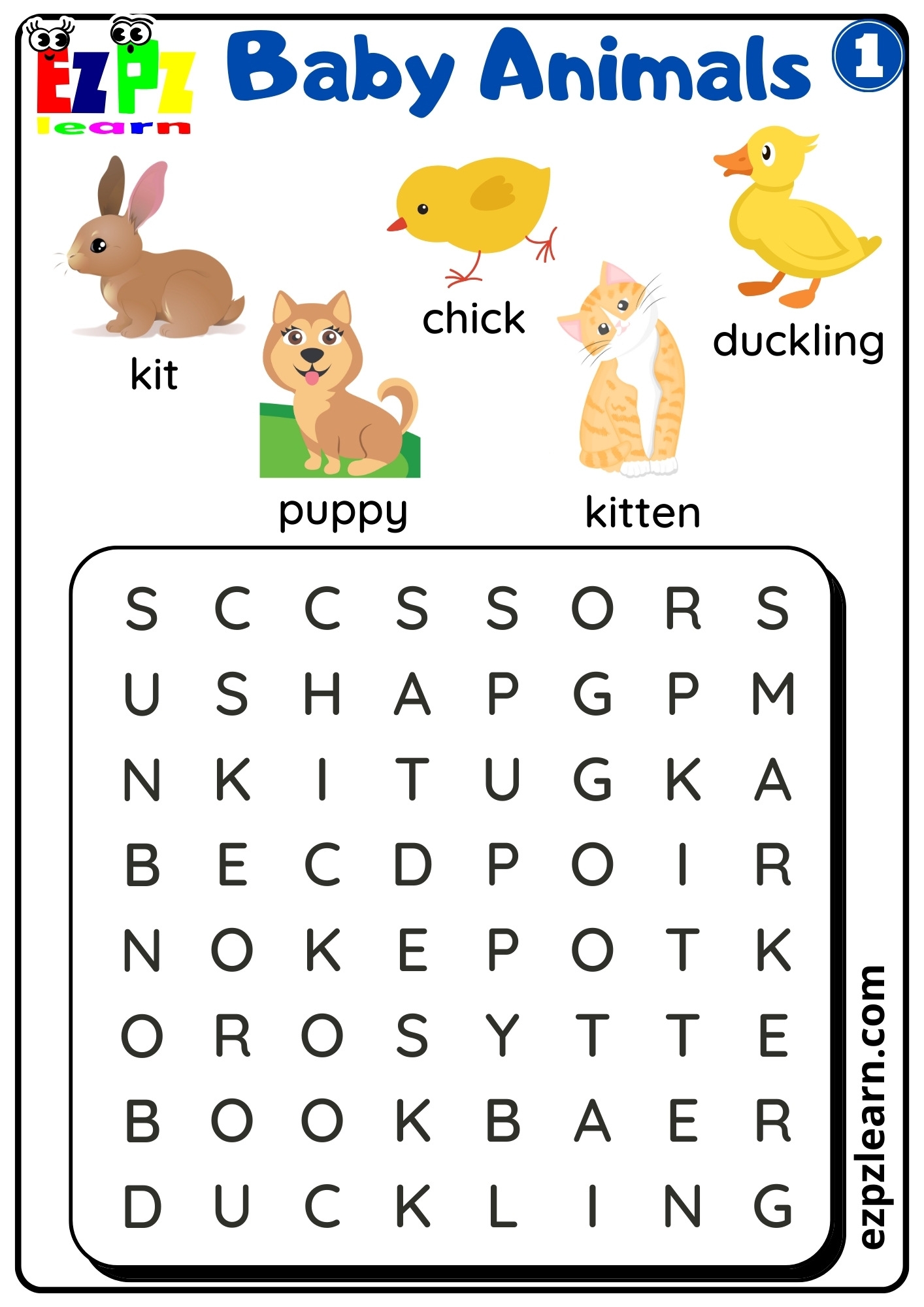 Baby Animals Word Search Worksheet For English Language Learners And Kindergarten Students Free Download Ezpzlearn