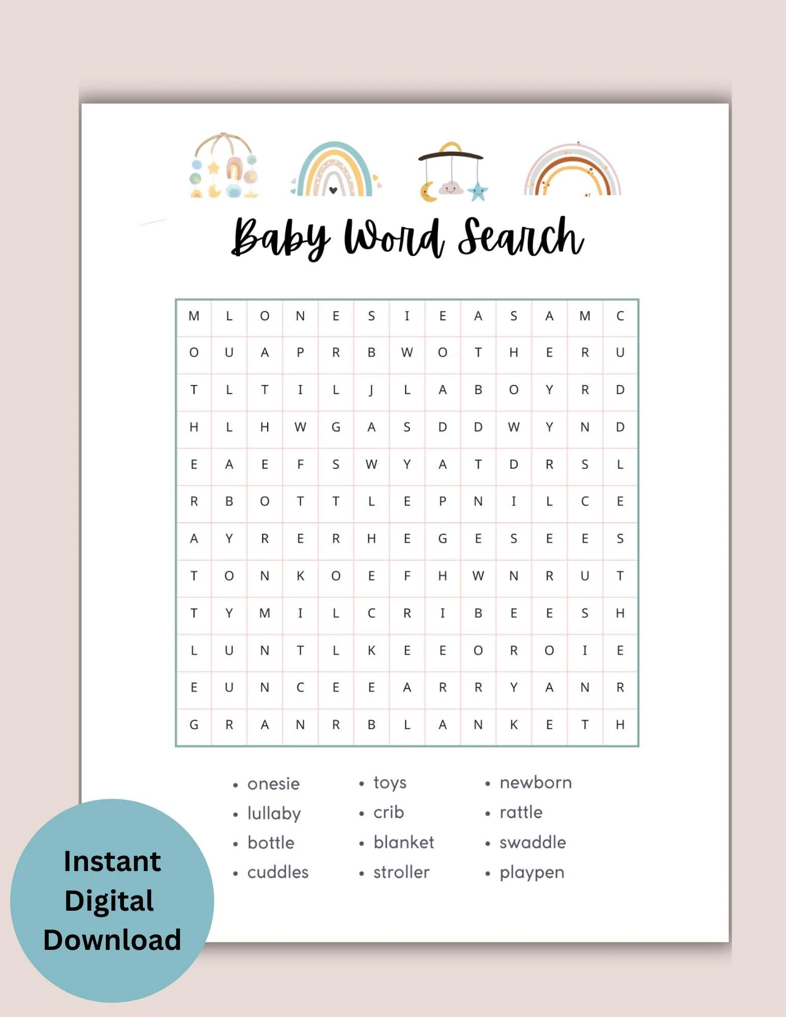 Baby Shower Word Search Game Crossword Puzzle Game Gender Neutral Baby Shower Game Instant PDF Download PDF Printable Etsy