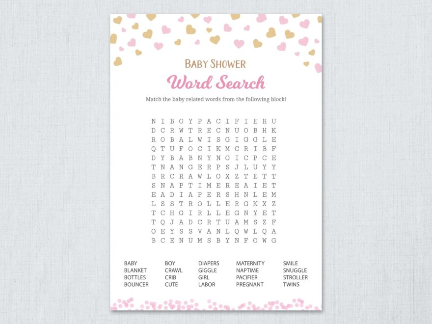 Baby Shower Word Search Game Printable With Answer Key Pink Gold Hearts Confetti Girl Baby Shower Activity Word Puzzle Seek Find B003 Etsy