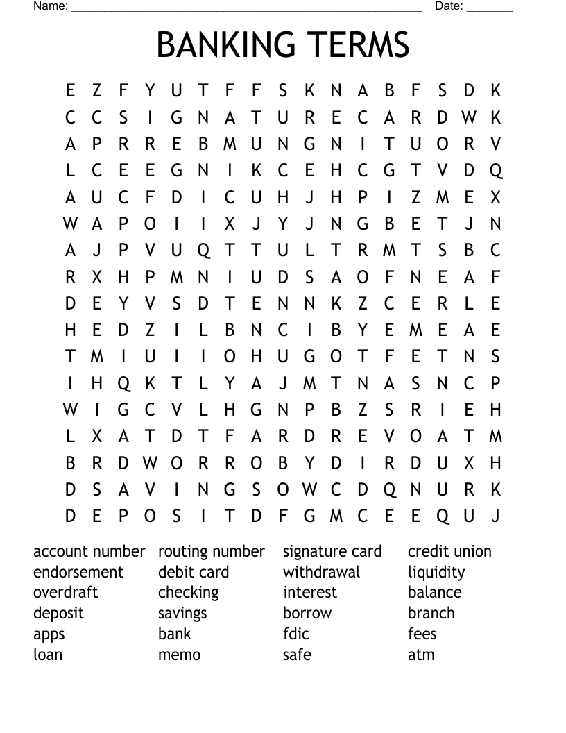 BANKING TERMS Word Search WordMint