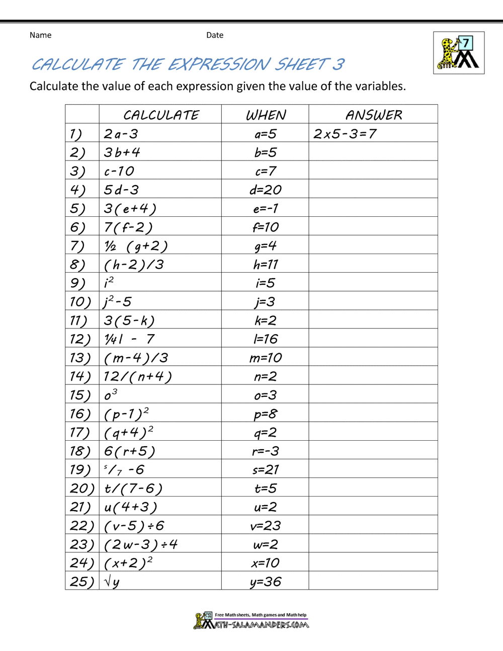 Basic Algebra Worksheets Basic Algebra Worksheets