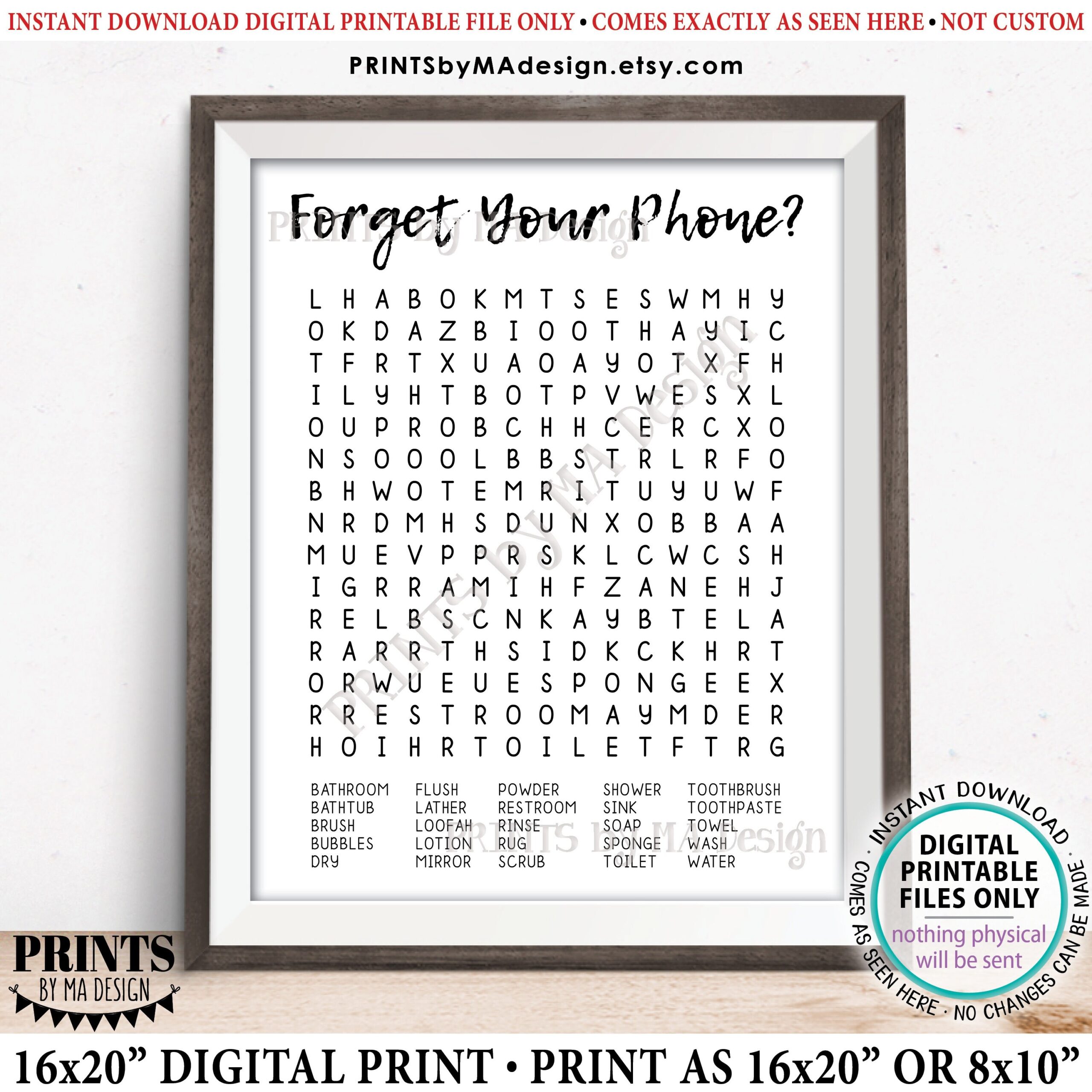 Bathroom Word Search Forget Your Phone Fun Bathroom Puzzle Housewarming Gift PRINTABLE 8x10 16x20 Bathroom Sign id Etsy