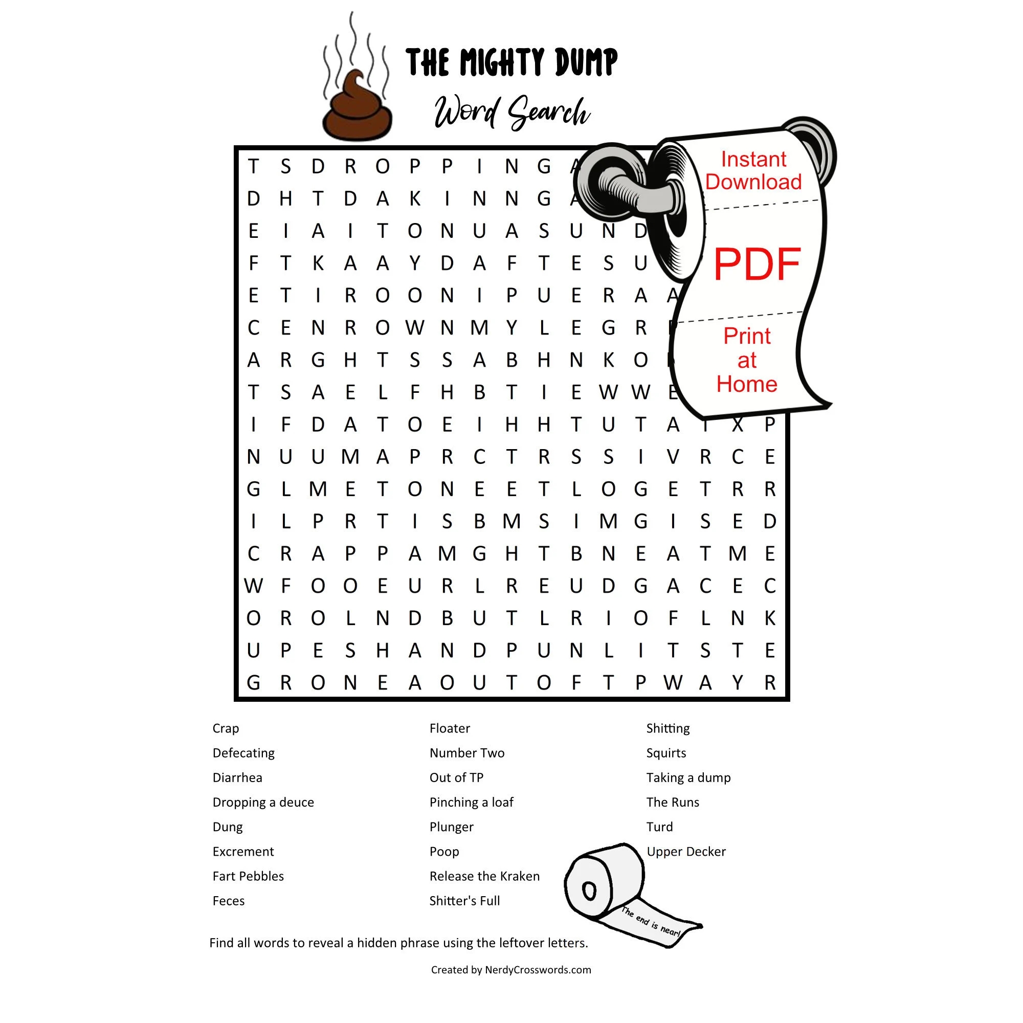 Bathroom Word Search the Mighty Dump Digital Download Vulgar Bathroom Fun Etsy