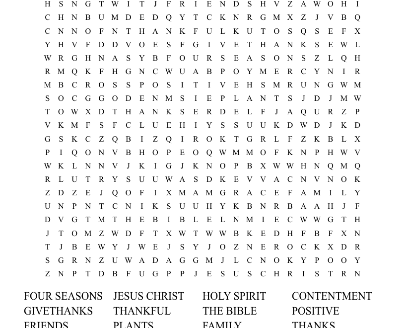 Being Thankful Word Search WordMint